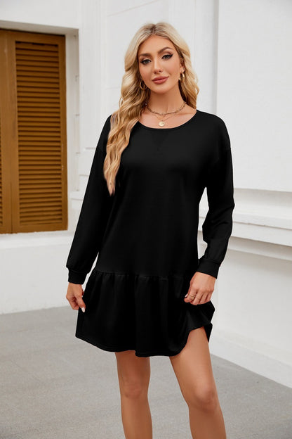 Long Sleeve Sweatshirt Dress - Casual Crewneck Pullover