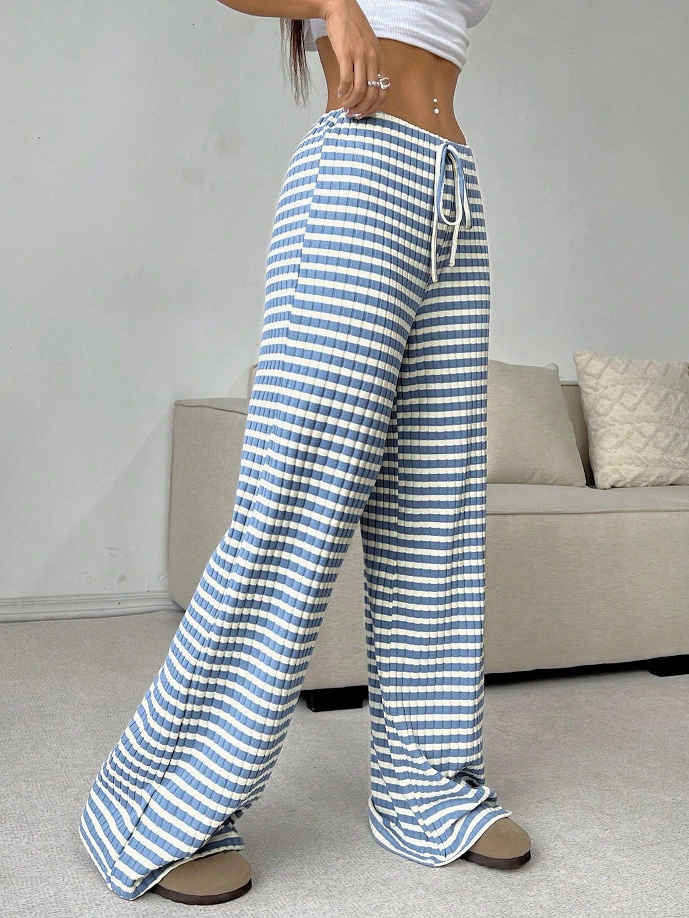 Cotton Wide Leg Lounge Pants with Drawstring Waist
