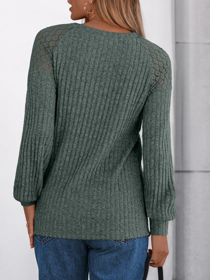 Solid Ribbed Knit Button Pullover with Lace & Buttons