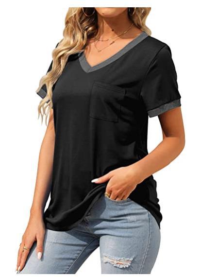 T Shirt Short Sleeve V Neck Loose Casual Top with Pocket Plus Size