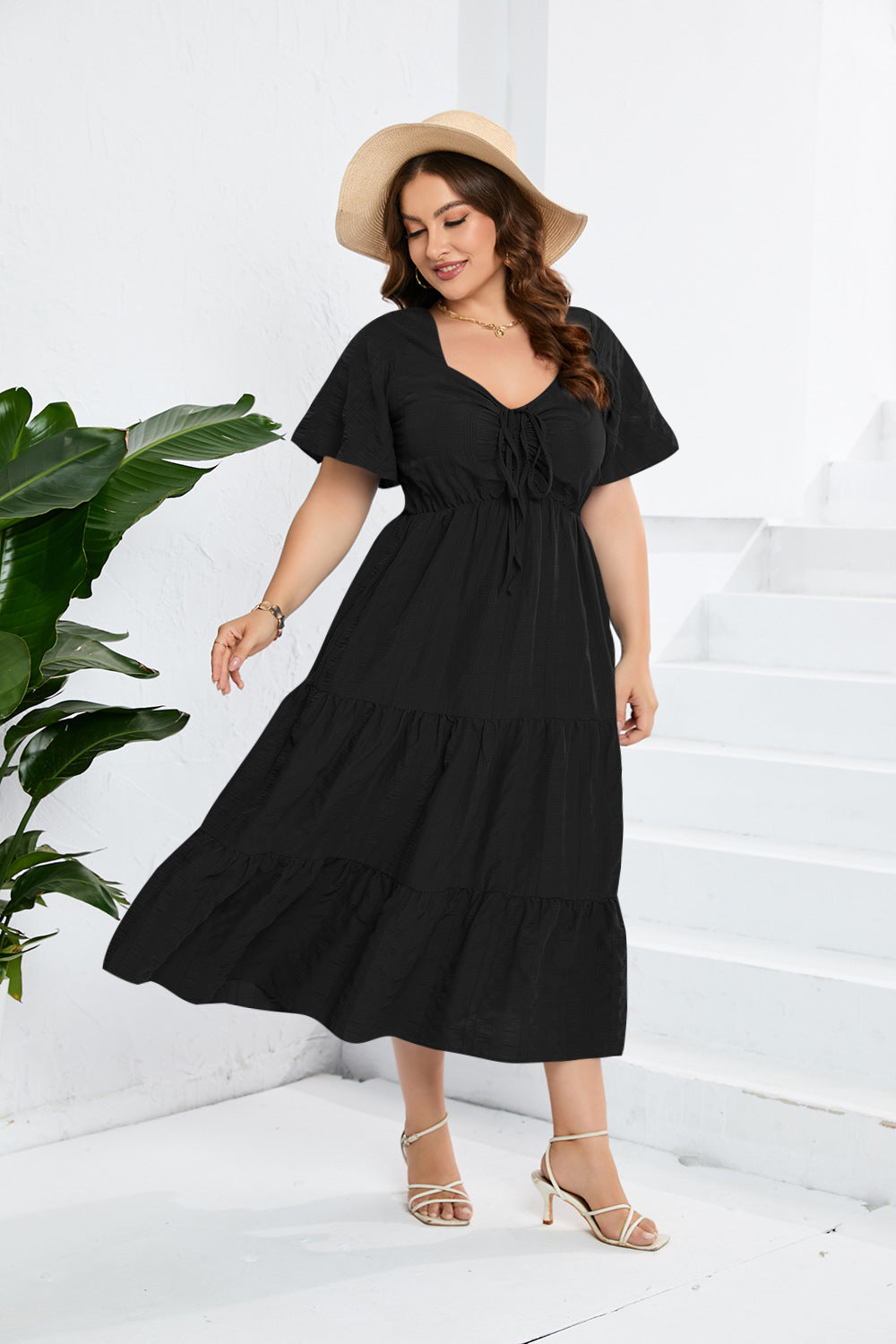 Ruffled Sleeve V Neck High Waist Tiered Smocked Plus Size Dresses