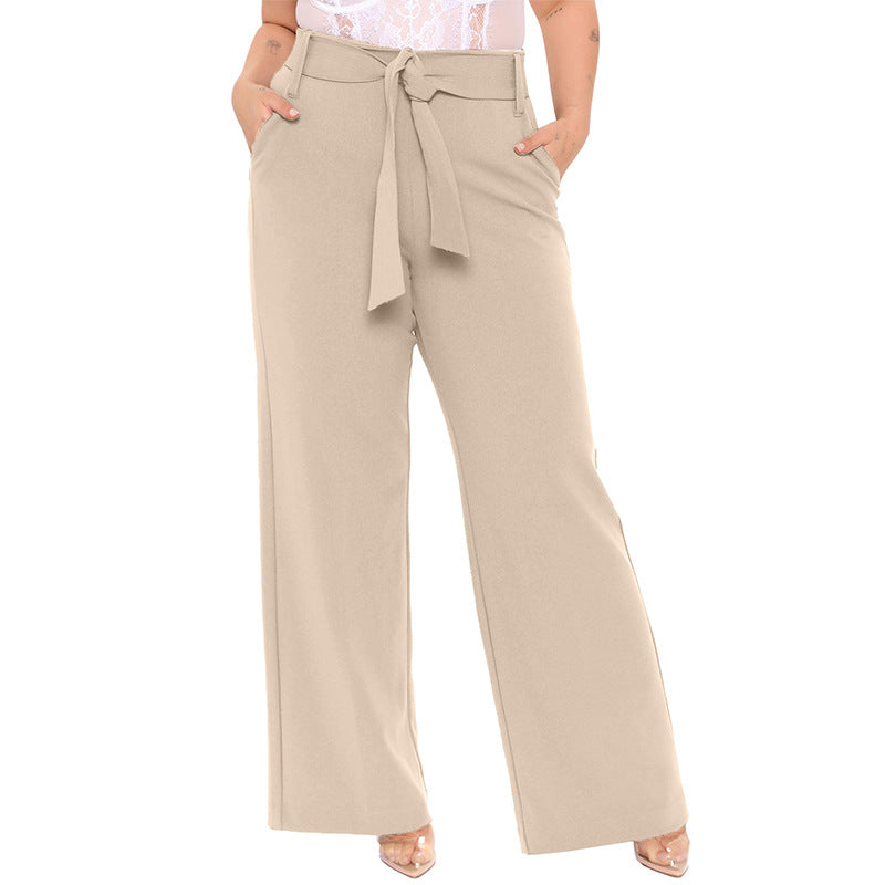 Belted Wide Leg Pants Women's Solid Color Plus Size Loose Casual Leisure Wind Pants