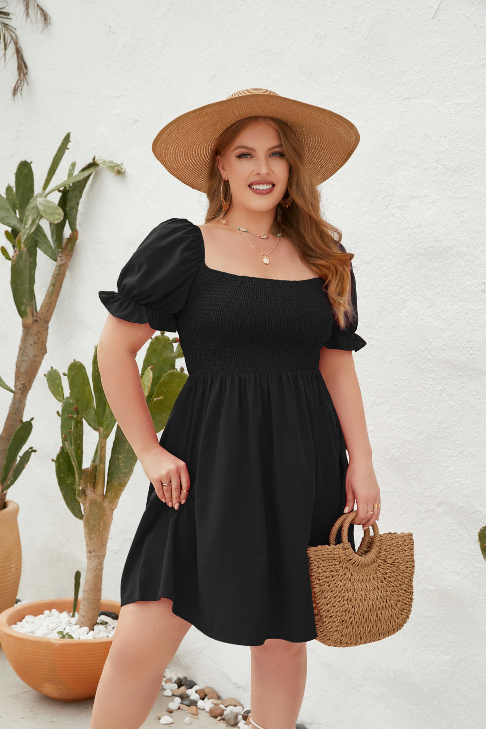 Women's Square Neck Flounce Short Sleeve Shirred Ruffle Hem Dress