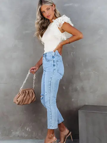 White Polka Dot Mesh Ruffle Sleeve Ribbed Knit Top