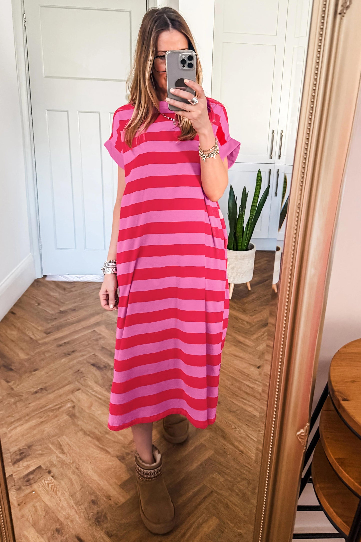 Orange Stripe Cuffed Short Sleeve Pocketed Casual T Shirt Long Dress