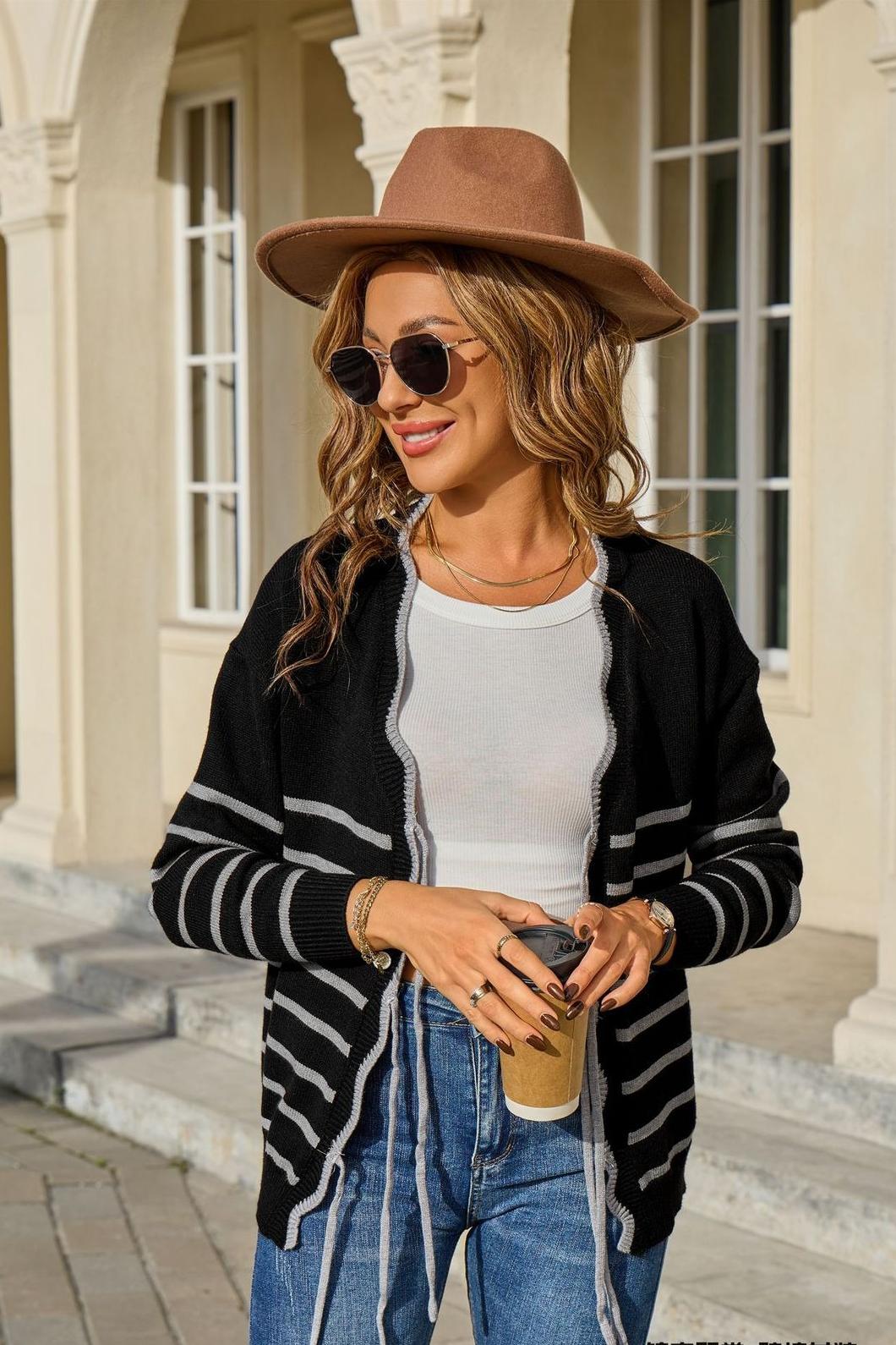 Striped Tie-Front Cardigan – Loose Fit Contrast Knit Top