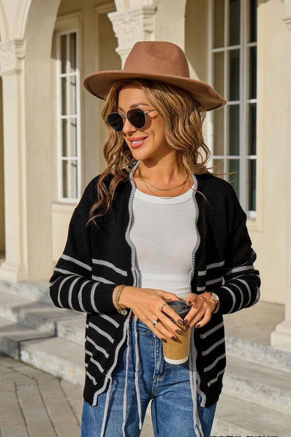 Striped Tie-Front Cardigan – Loose Fit Contrast Knit Top