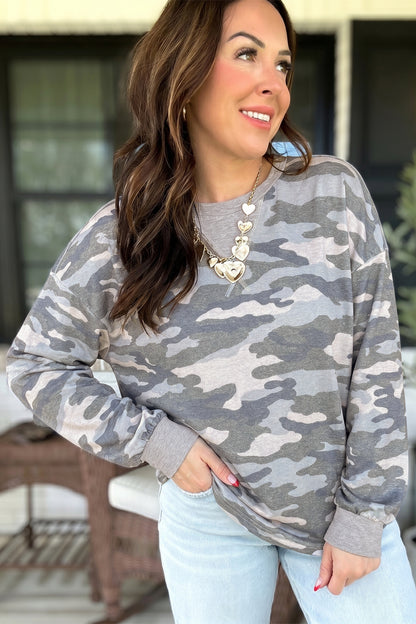 Grey Camouflage Long Sleeve Crew Neck Casual Pullover Top