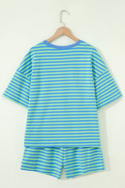 Green Striped Cotton Shorts Set Lounge Outfit