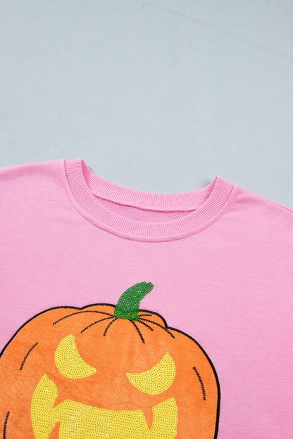 Pink Embroidered Pumpkin Halloween Crewneck Sweatshirt