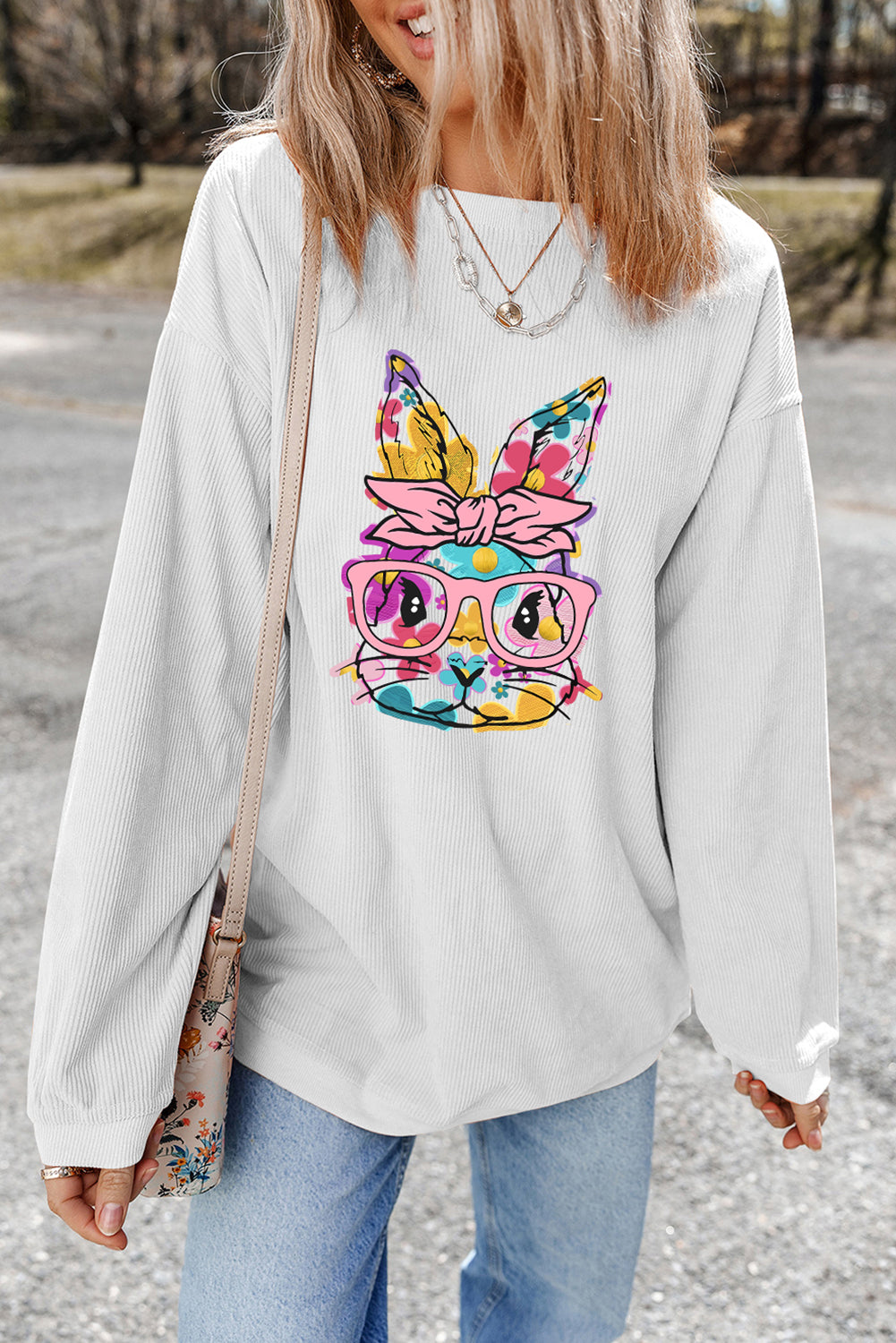 Floral Bunny Easter Graphic Corded Sweatshirt