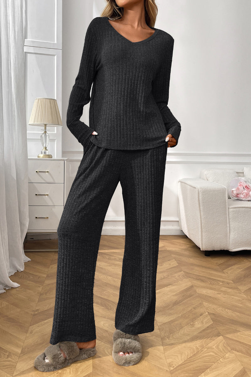 Cozy Ribbed V Neck Lounge Set with Wide Leg Pants