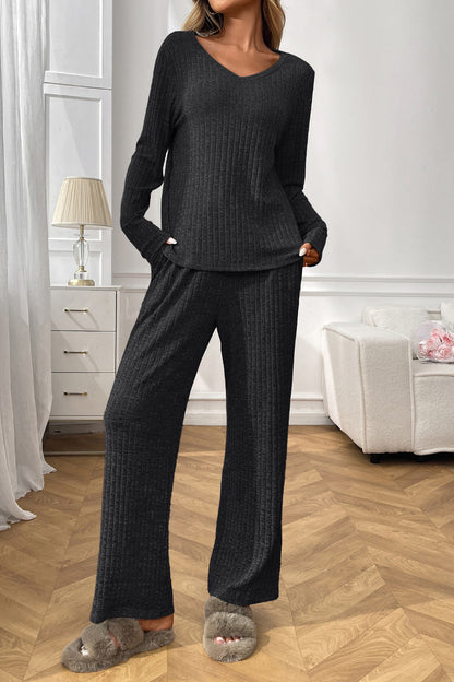 Cozy Ribbed V Neck Lounge Set with Wide Leg Pants
