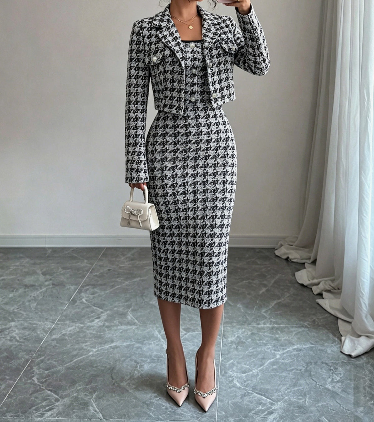 Women Elegant Tweed Blazer Dress 2 Piece Set