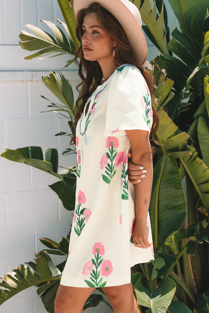 Easter Floral Split Neck Short Sleeve Mini Dress