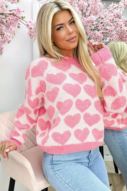 Pink Valentine Heart Print Cozy Knit Sweater for Women