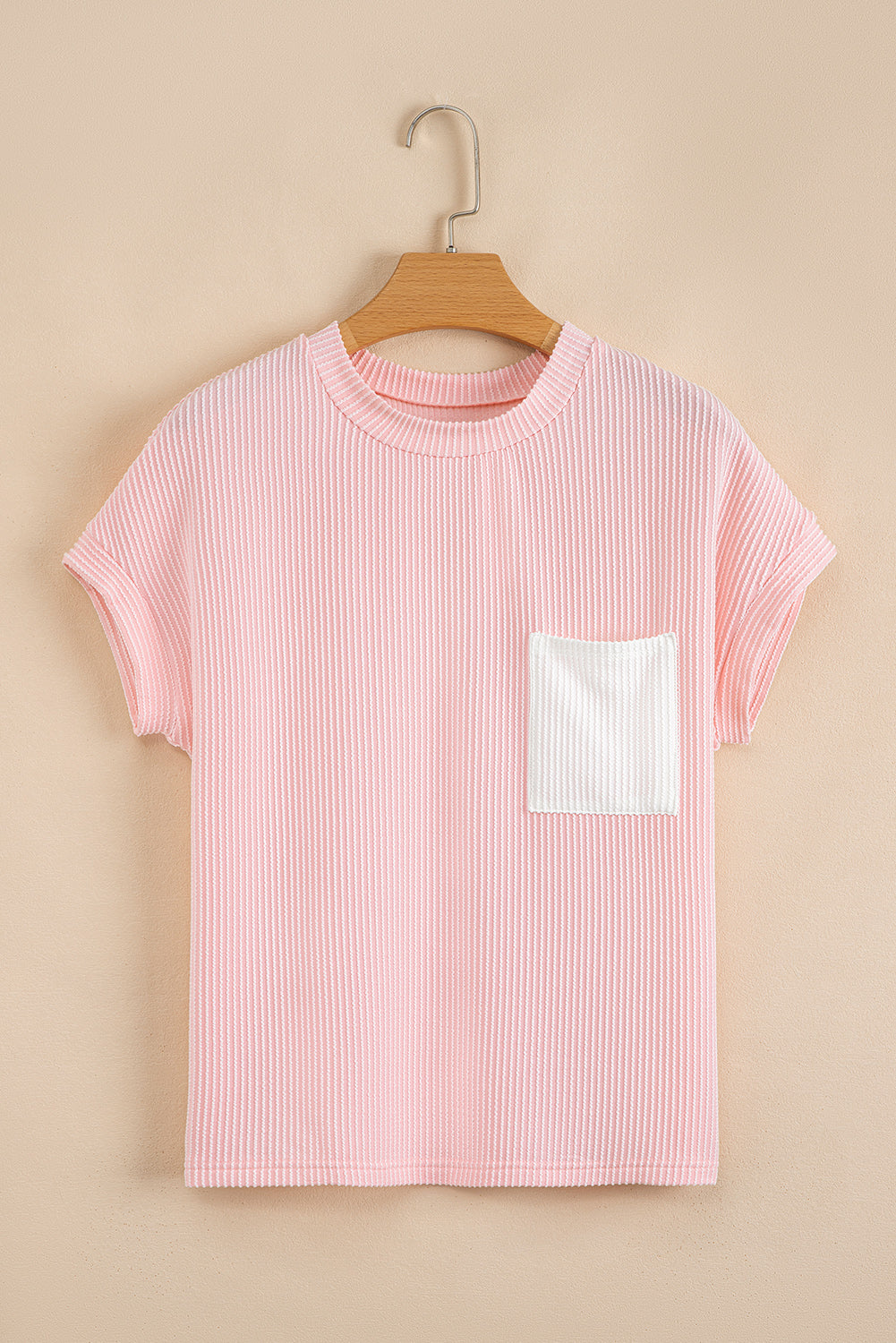 Pink Striped Textured Knit Pocket Casual Tee