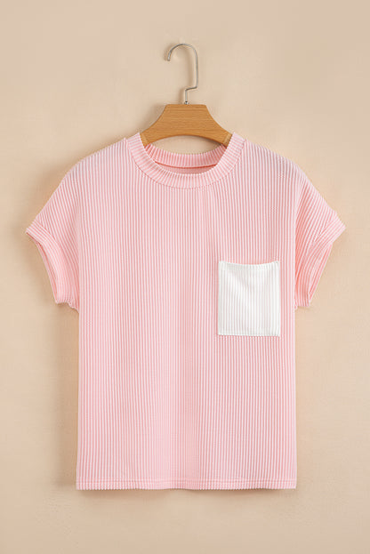 Pink Striped Textured Knit Pocket Casual Tee