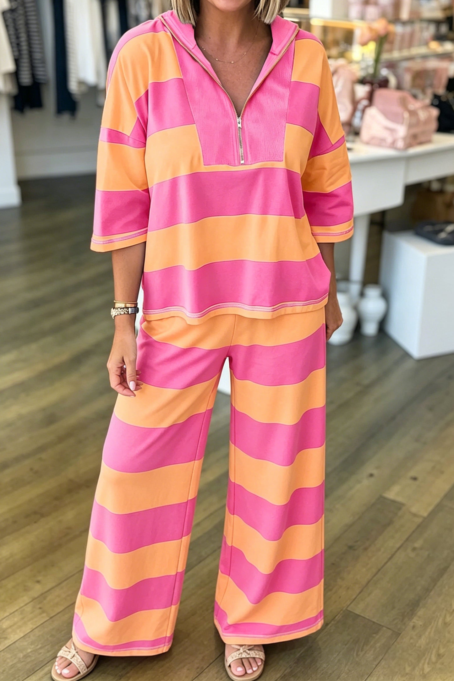 Women's Striped Half Zip Wide Leg Pants 2 Piece Set
