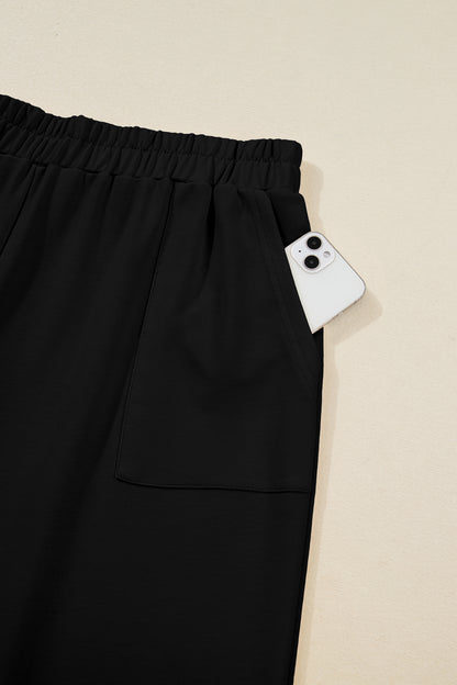 Black Plus Size Elastic Waist Asymmetrical Loose Capris Pants