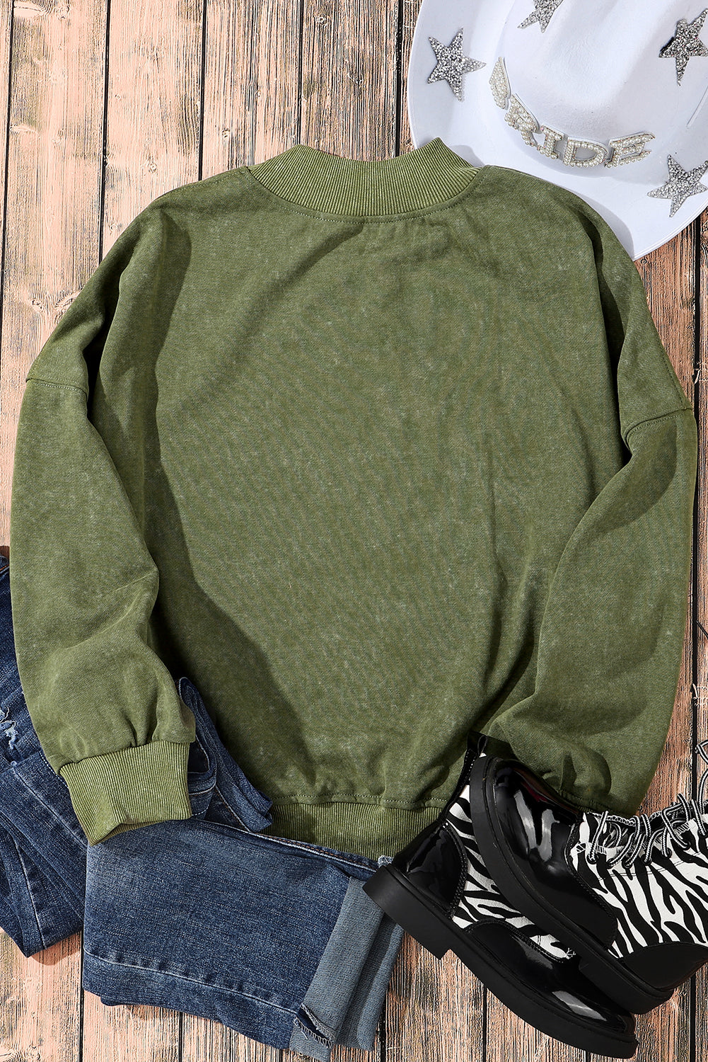 Washed Green Drop Shoulder Crewneck Sweatshirt for Women