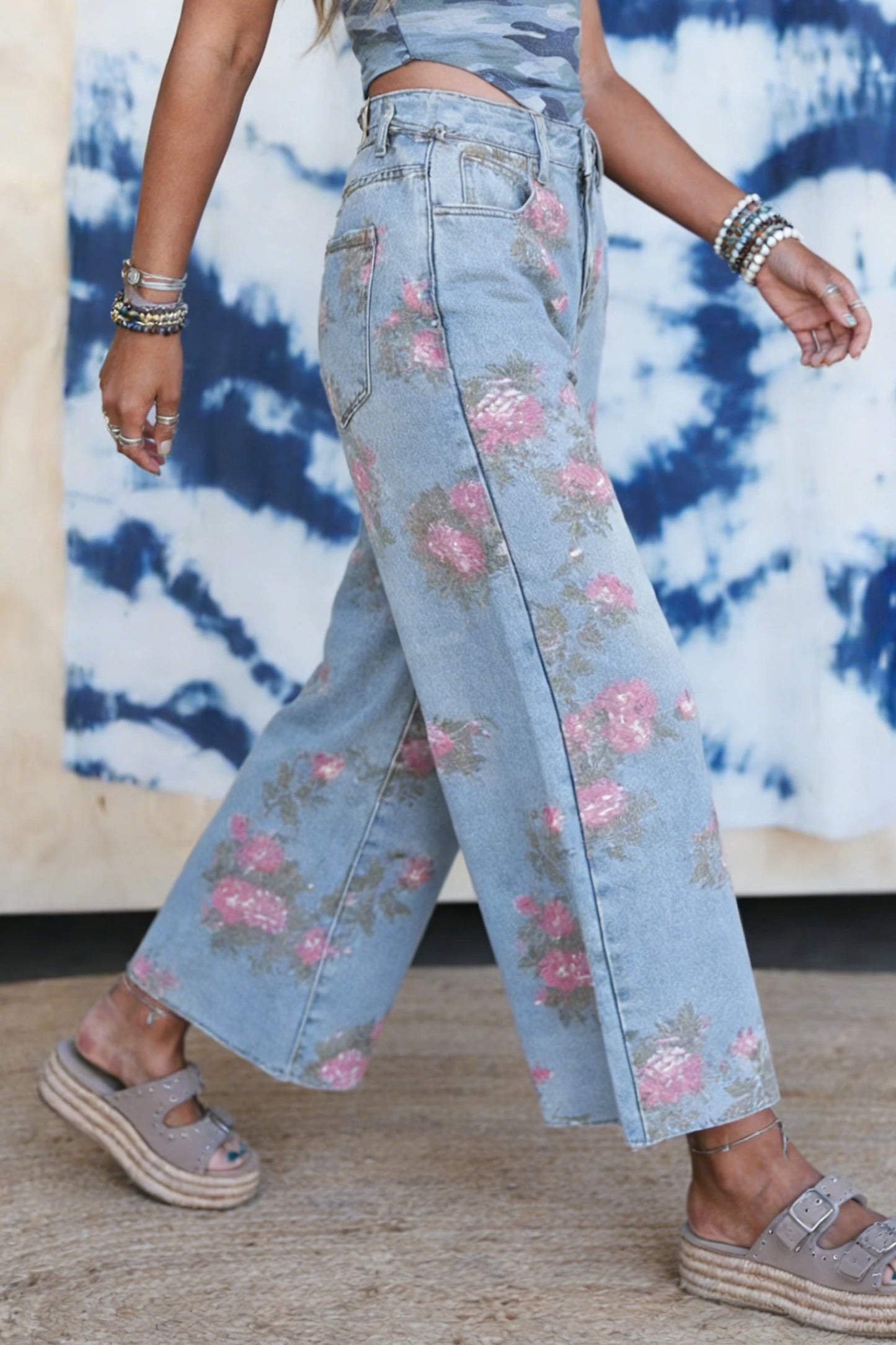 Floral Print Bootcut Jeans High Waist Vintage Denim