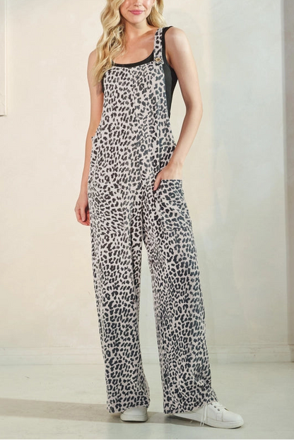 Leopard Print Sleeveless Overall Wide Leg Jumpsuit