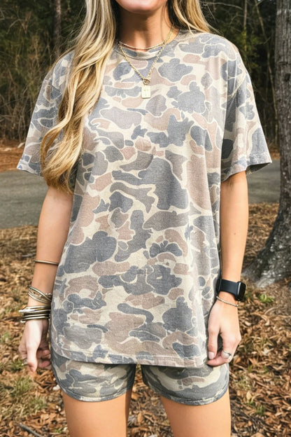 Camo Two Piece Lounge Set Oversized Tee Shorts Outfit