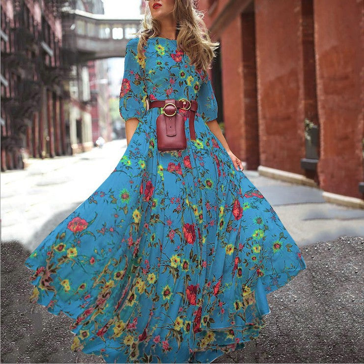 Women's Floral Maxi Dress Long Sleeve A-Line Flowy