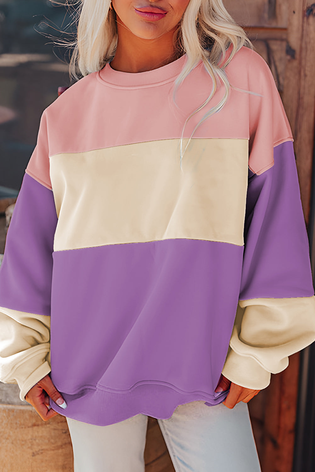 Mauve Colorblock Drop Shoulder Oversized Sweatshirt