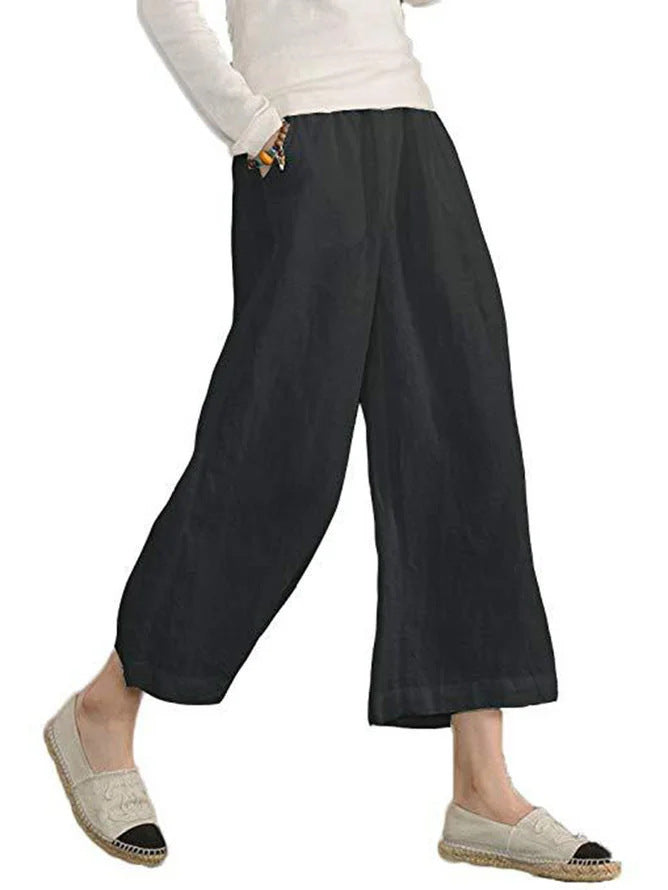 Women's Linen Cotton Wide Leg Cropped Pants Relaxed Fit