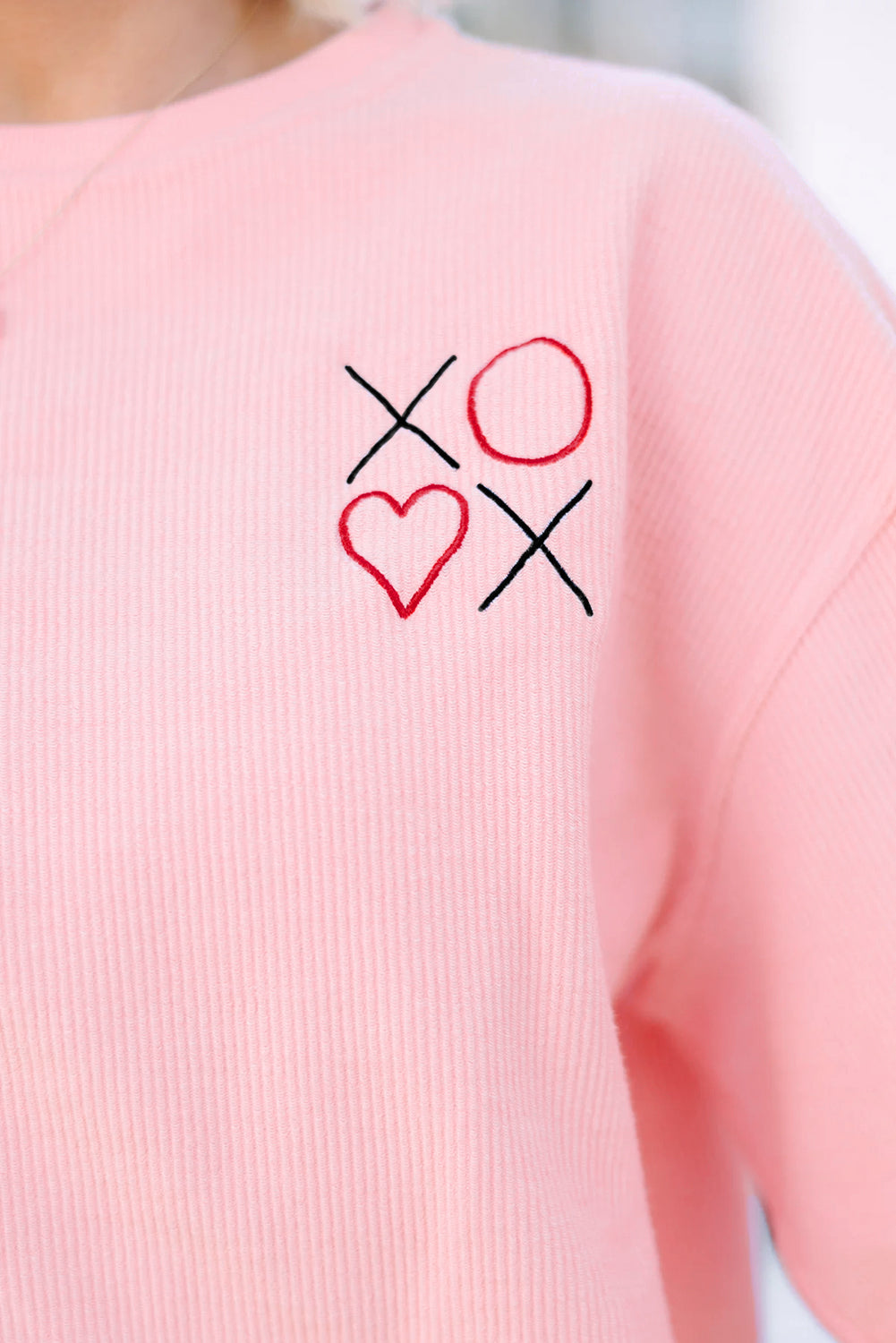 Pink XOXO Heart Embroidered Ribbed Knit Valentines Sweatshirt