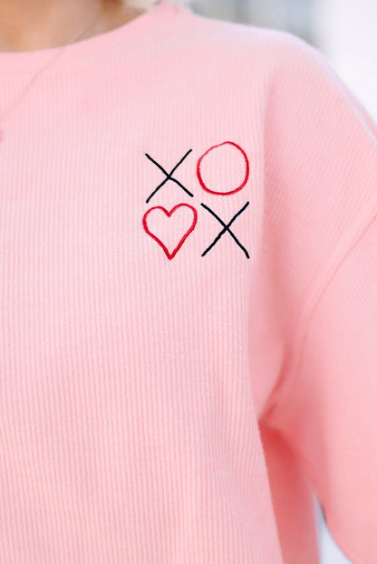 Pink XOXO Heart Embroidered Ribbed Knit Valentines Sweatshirt