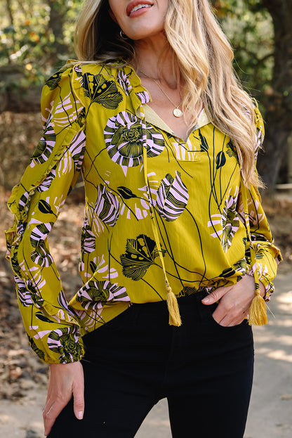 Yellow Vintage Floral V Neck Ruffle Long Sleeve Blouse