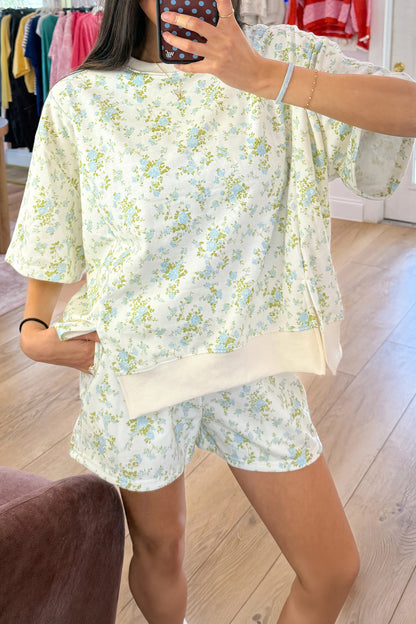 Floral Short Sleeve Lounge Set Women Pocket Shorts Set