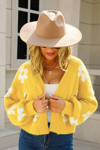 Floral Knit Crop Cardigan - Fuzzy V-Neck Sweater