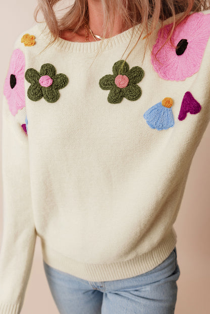 Pink Knitted Flower Pattern Ribbed Edge Sweater