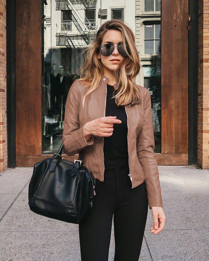 Women's Faux Leather Zip-Up Blazer Slim Fit Jacket