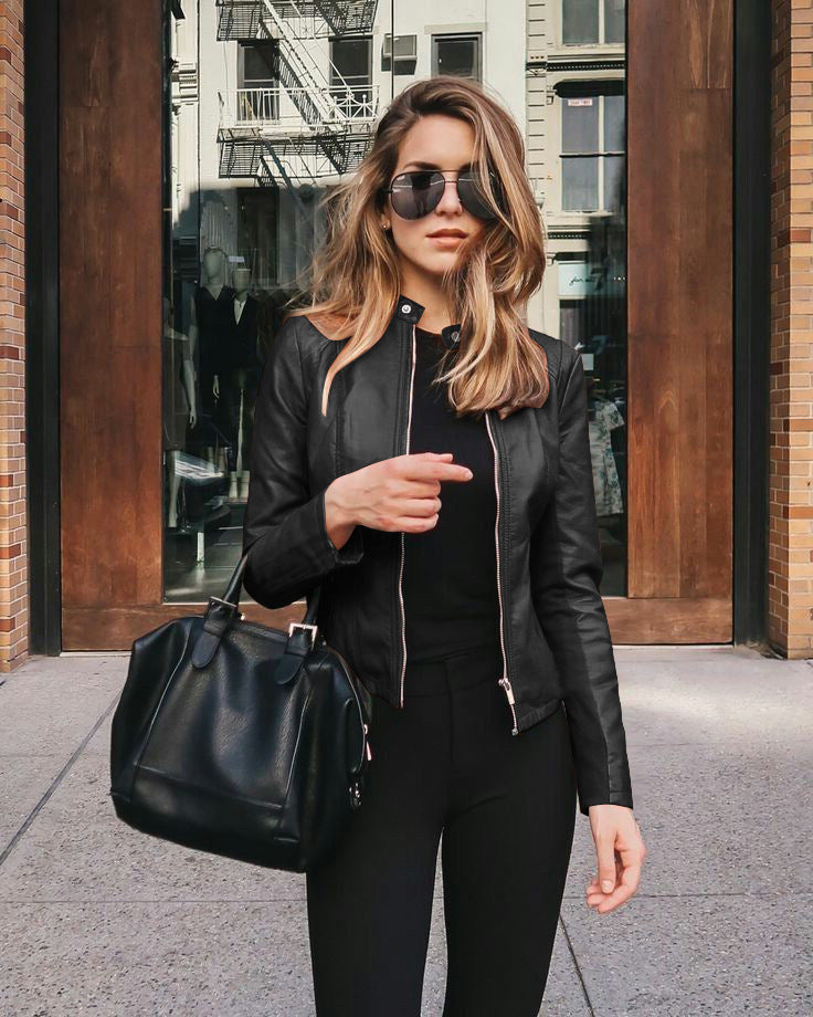 Women's Faux Leather Zip-Up Blazer Slim Fit Jacket