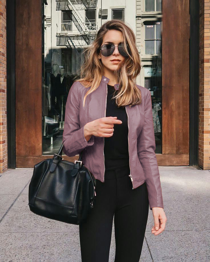 Women's Faux Leather Zip-Up Blazer Slim Fit Jacket