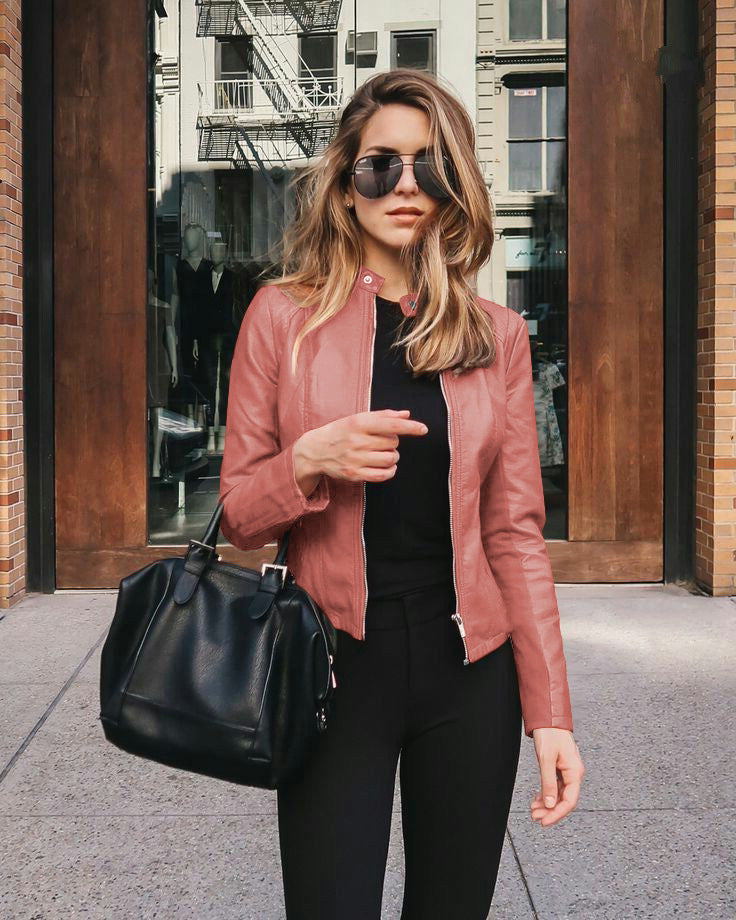 Women's Faux Leather Zip-Up Blazer Slim Fit Jacket