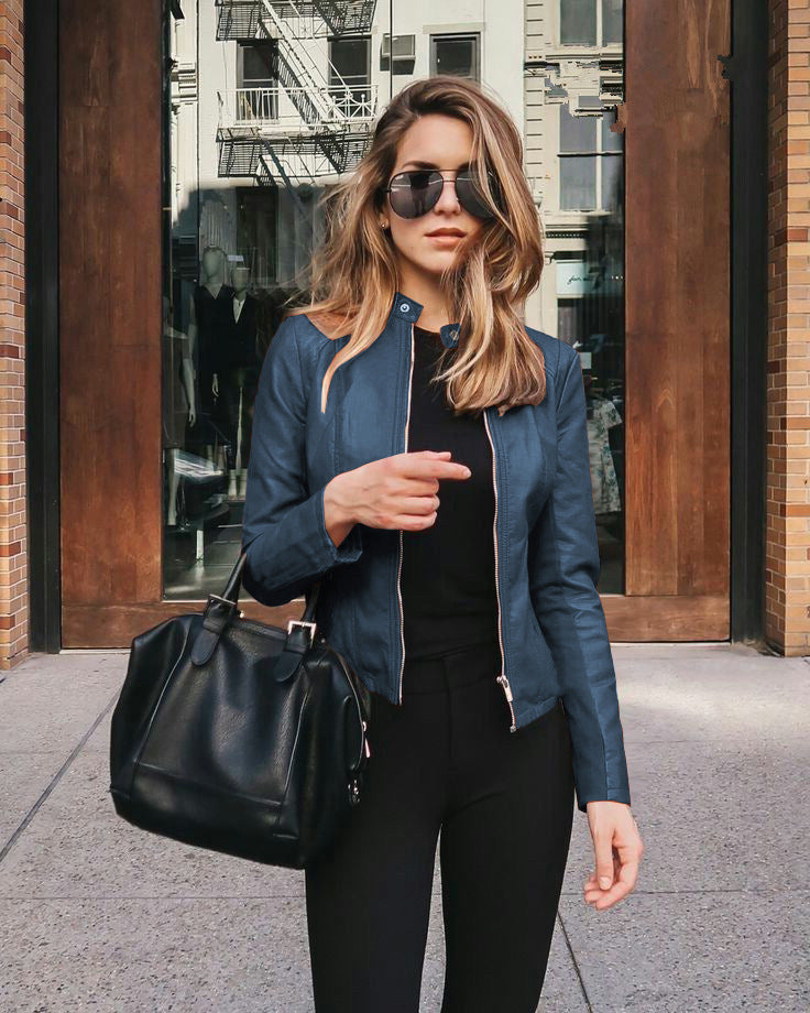 Women's Faux Leather Zip-Up Blazer Slim Fit Jacket