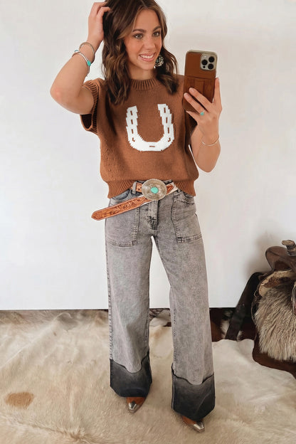 Western Horseshoe Knit Sweater Tee Short Sleeve Pullover