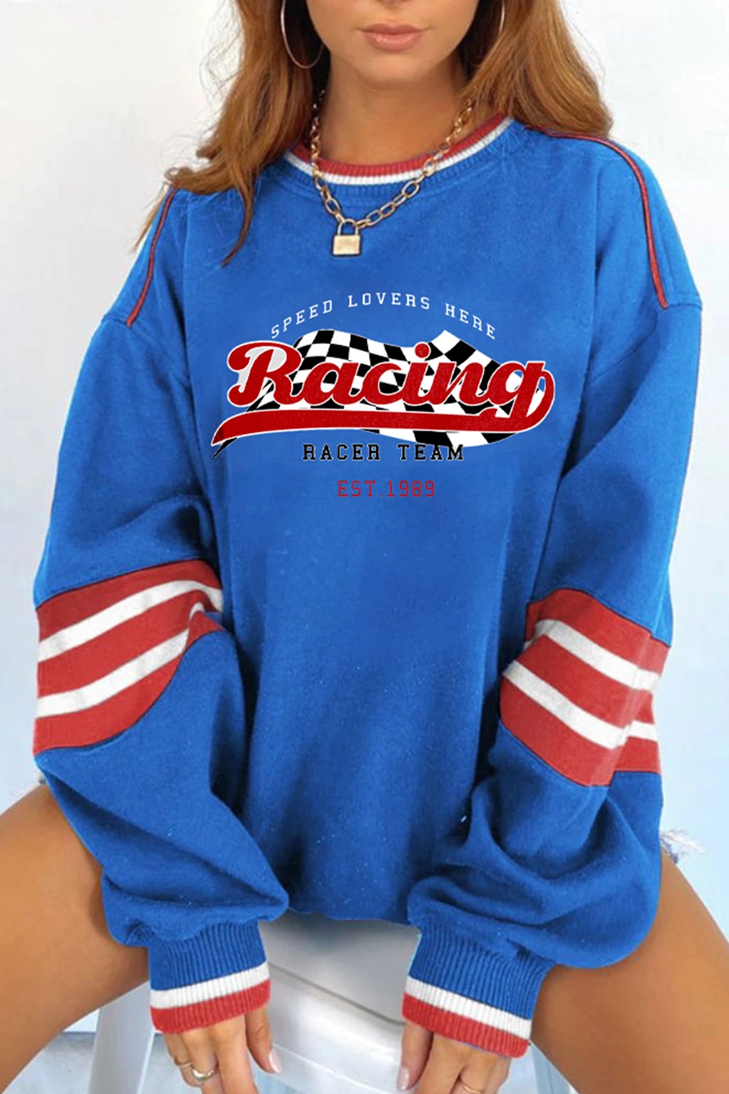 Sky Blue Racing Game Day Graphic Oversized Sweatshirt