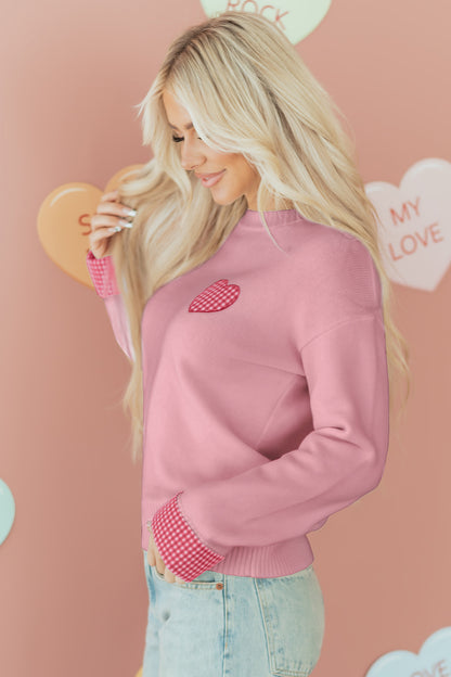 Valentine’s Day Light Pink Plaid Heart Crewneck Sweater