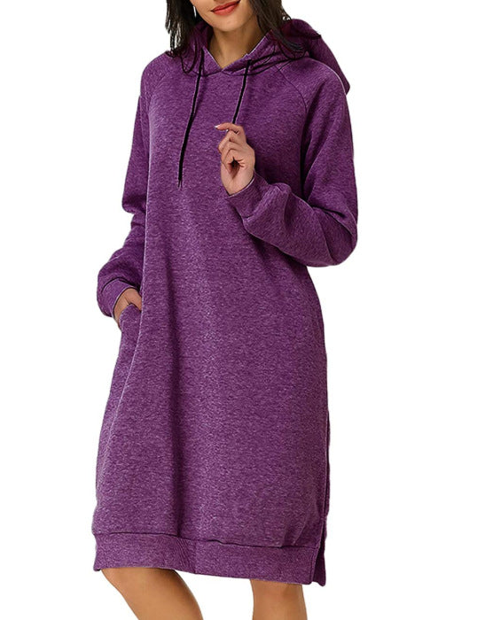 Women's Long Hoodie Dress Pocket Side Slit Sweatshirt