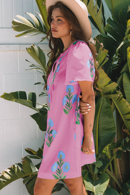 Easter Floral Split Neck Short Sleeve Mini Dress