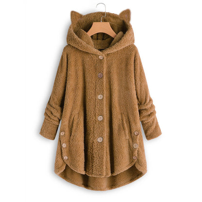 Women's Cat Ear Fleece Hooded Jacket Button Up