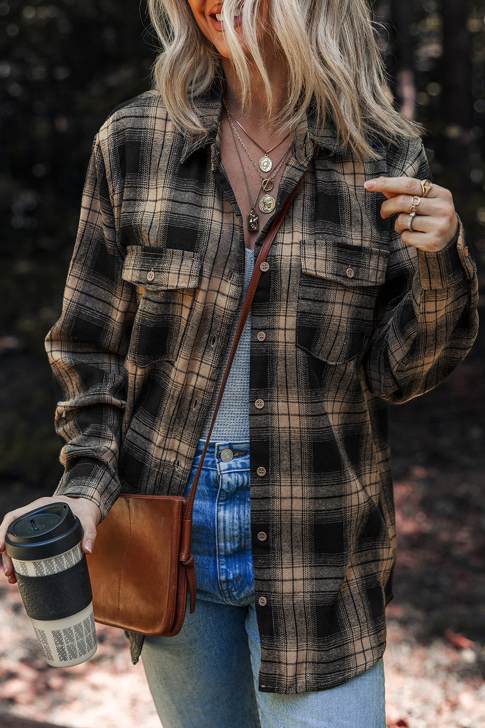 Retro Plaid Brushed Shacket with Double Flap Pockets