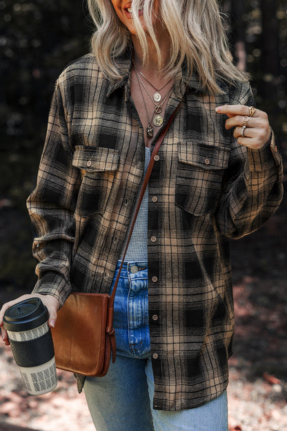 Retro Plaid Brushed Shacket with Double Flap Pockets